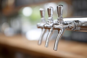 Shiny chrome beer taps line up on wooden bar, gleaming and ready to dispense beverage.