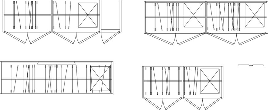 A set of top-view vector symbols for architectural floor plans featuring various wardrobe configurations, closet storage, and door swing details.