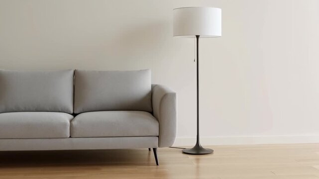 Modern living room with minimalist gray sofa and stylish floor lamp transition