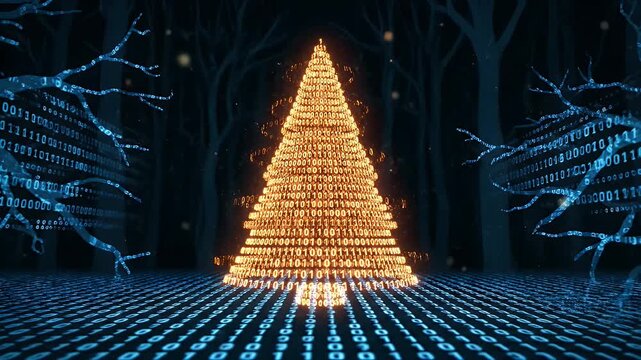 A glowing digital Christmas tree made of binary code data
