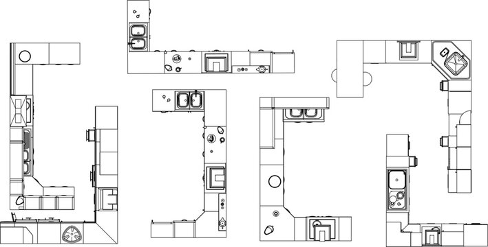 A set of top-view vector symbols for kitchen floor plans featuring various L-shaped and U-shaped counter layouts with sinks and stove details.