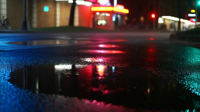 Neon reflections on rainy urban night street with colorful light patterns