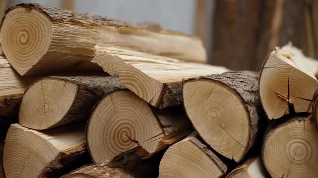Neatly stacked firewood logs show natural wood texture progression in wooden pile