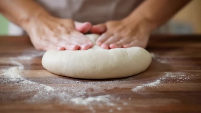 Kneading dough on wooden table: hands demonstrating baking process in realtime