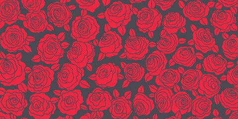 Rose flowers with leaves. Floral hand drawn art ornamental background. Doodle style. Vector illustration. Simple minimalistic nature design.