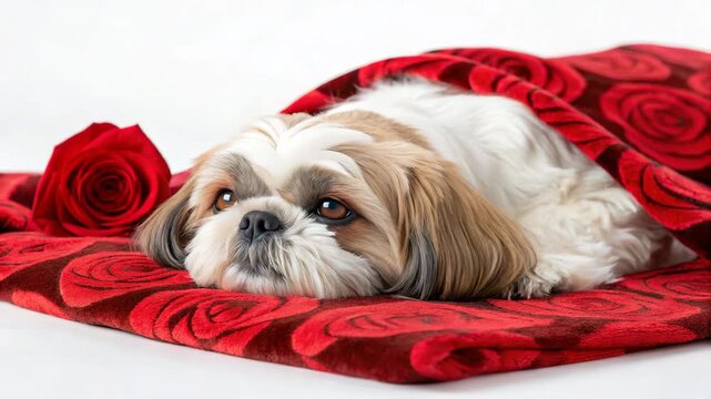 Adorable Shih Tzu dog resting on a red rose blanket with a single red rose for a cozy love and pet companionship concept in a studio setting