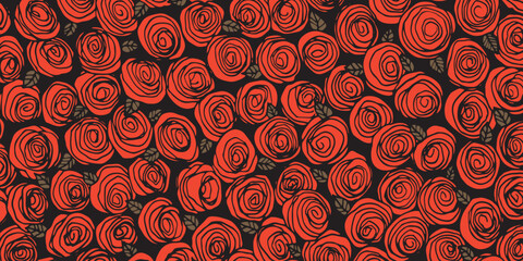 Rose flowers with leaves. Floral hand drawn art ornamental background. Doodle style. Vector illustration. Simple minimalistic nature design.