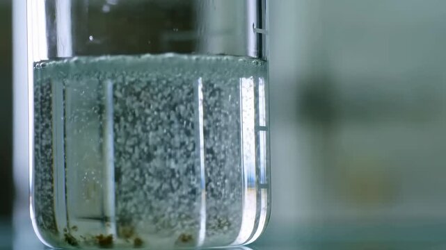 Effervescent reaction in water: dissolving tablet creates bubbles in clear glass