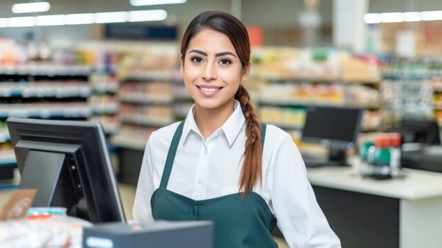 Beautiful young female cashier working at a supermarket.
