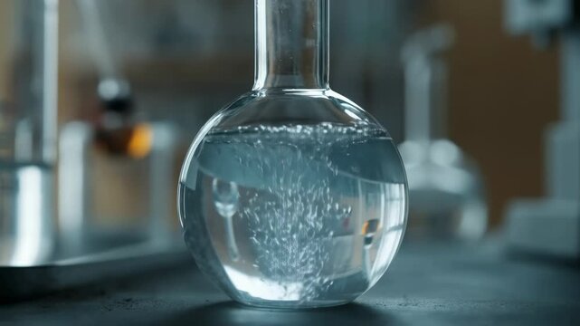 Bubbles rising in laboratory flask with clear liquid on burner