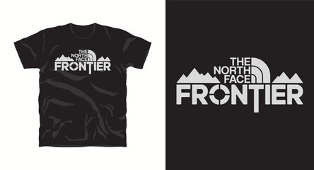 Fototapeta premium Frontier mountain adventure outdoor t-shirt design with geometric peaks and bold typography in white and black