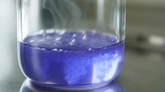 Purple liquid transformation: evaporation and smoke rising in glass container