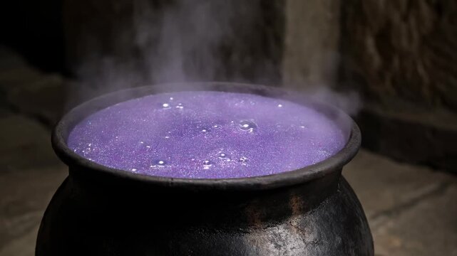 Bubbling purple potion in a black cauldron creates mysterious steamy texture