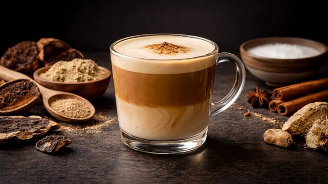 Cozy Adaptogenic Mushroom Latte: A Healthy Superfood Drink Infused with Natural Spices and Wellness Powders