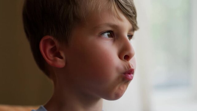 Boy blowing air out of cheeks indoor natural light sequence