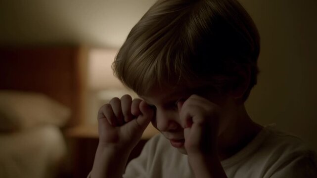 Young child rubbing eyes in dimly lit room expressing sleepiness and comfort