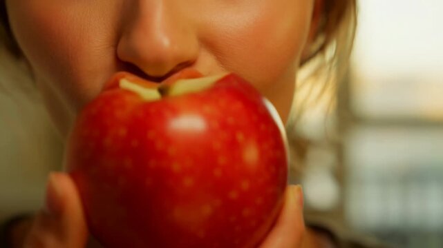 Woman enjoying a fresh apple bite closeup in warm light
