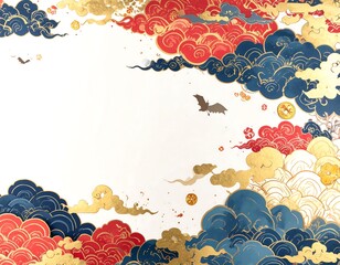 Abstract ornate frame with clouds and bats