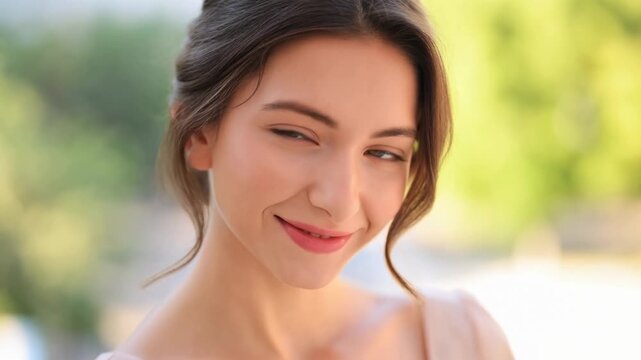 Charming woman playfully winking and smiling in sunny garden