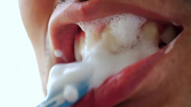 Closeup of adult brushing teeth with a blue toothbrush and white foam
