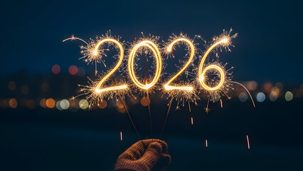 Image 4 (2026 sparkler)
Title:
Sparklers Forming "2026" with Hand-Held Long-Exposure Firework Effect — Dynamic New Year 2026 Sparkler Celebration Photo with Bokeh Night Background
