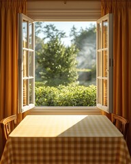 Warm sunlight through yellow curtains on a quiet morning.