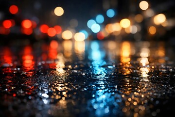Rainy Night Street Reflections with Colorful City Lights