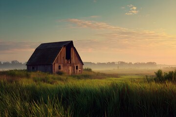 Obraz premium Rustic barn in countryside field at golden dawn rural landscape farming heritage sunrise scenery photography