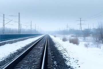 Fototapeta premium Train tracks in winter covered with snow and frost frozen landscape travel mood minimalism