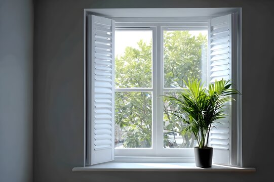 Window with plantation shutters partially open interior light shadow home architecture photography calm