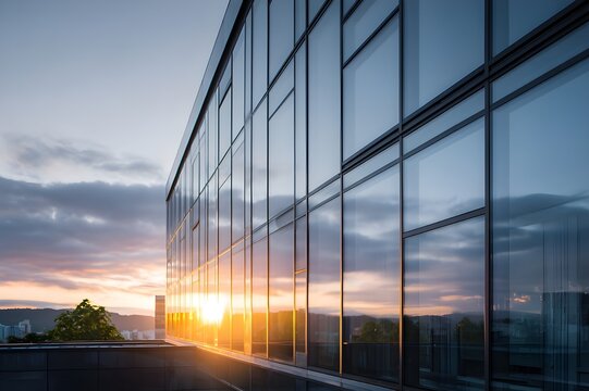 Clean modern office building windows reflecting sunset urban corporate architecture business facade glass exterior photography - Powered by Adobe