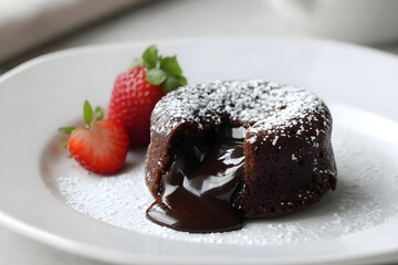 Molten chocolate lava cake with liquid center flowing out indulgent dessert photography rich gourmet treat