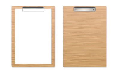 Realistic wooden clipboard mockup with paper sheet and without. Paper on wood board with holder for document, office, presentation. Vector illustration