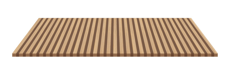 Realistic wooden board or table with striped natural texture in perspective view for product display, mockup, showcase. Vector background template