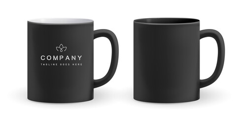 Realistic black mug mockup with logo placement. Cup design for branding, corporate identity, promotional merch. Vector illustration