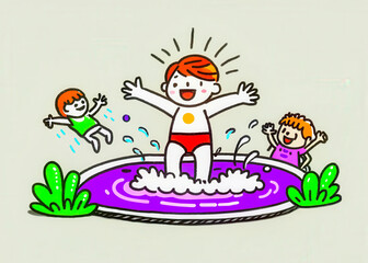 a drawing of a boy playing in a pool