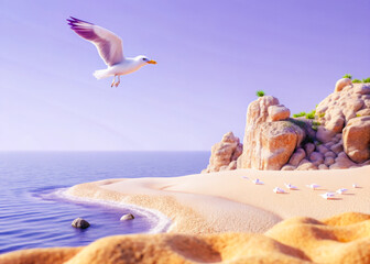 Seagull Soaring Over a Tropical Beach