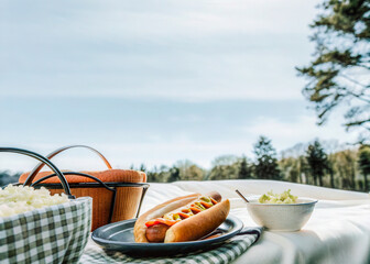 a hot dog and a bowl of rice on a bed