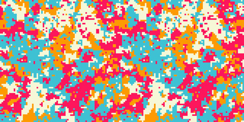 Vibrant pixelated camouflage pattern in pink, orange, blue, and cream.  Ideal for fashion, textile design, or digital backgrounds. © Olena