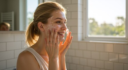 Smiling young woman washing her face with foam cleanser. Happy female enjoying her daily skincare routine in sunlit bathroom