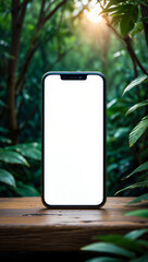 Smart phone mockup blank screen mossy rock green forest view