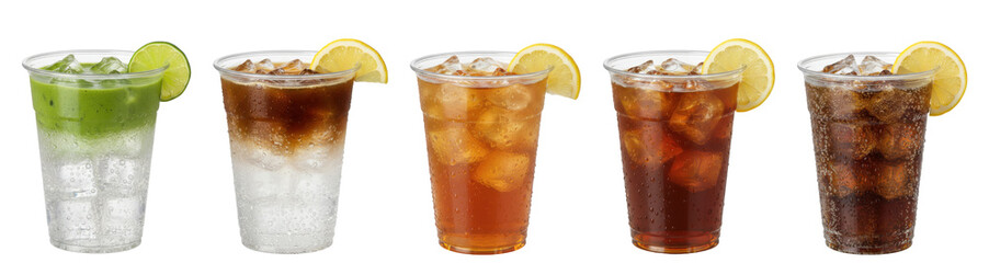 popular iced drinks in plastic cups isolated: matcha tonic,  espresso tonic, iced tea, iced coffee, coke