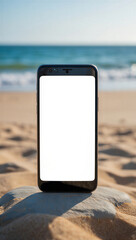Smartphone Mockup Blank Screen in Sand at Summer Beach Sea