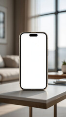Smartphone Mockup Blank White Screen on Table in Living Room