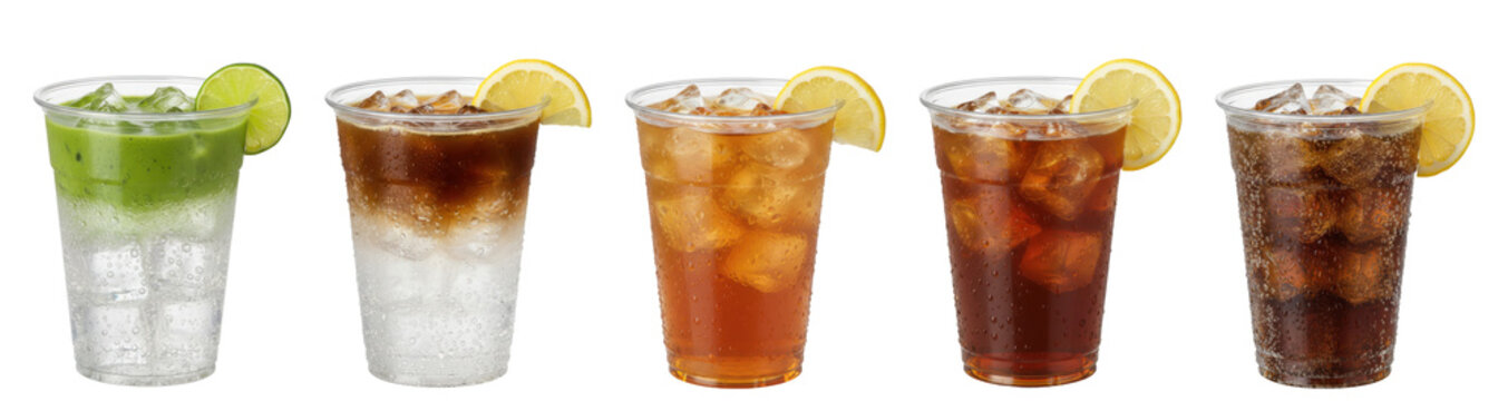 popular iced drinks in plastic cups isolated: matcha tonic,  espresso tonic, iced tea, iced coffee, coke