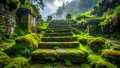 ancient stepped stone platform overgrown with moss, completely untouched