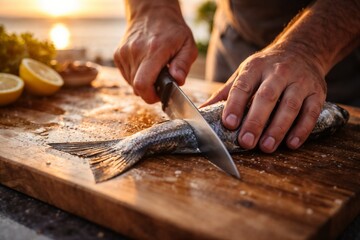 Man Filleting Fresh Fish on a Wooden Cutting Board at Sunset by the Water