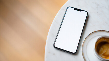 Top view blank smart phone mockup coffee cup marble table
