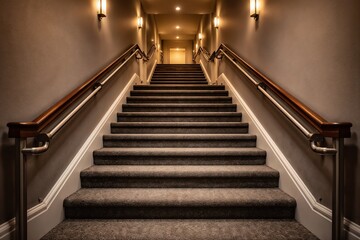 Indoor Carpeted Staircase with Wooden Handrails and Wall Sconces in a Well-Lit Corridor
