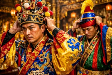Traditional Asian Cultural Ceremony with Men in Elaborate Costumes and Headdresses in a Historic Setting